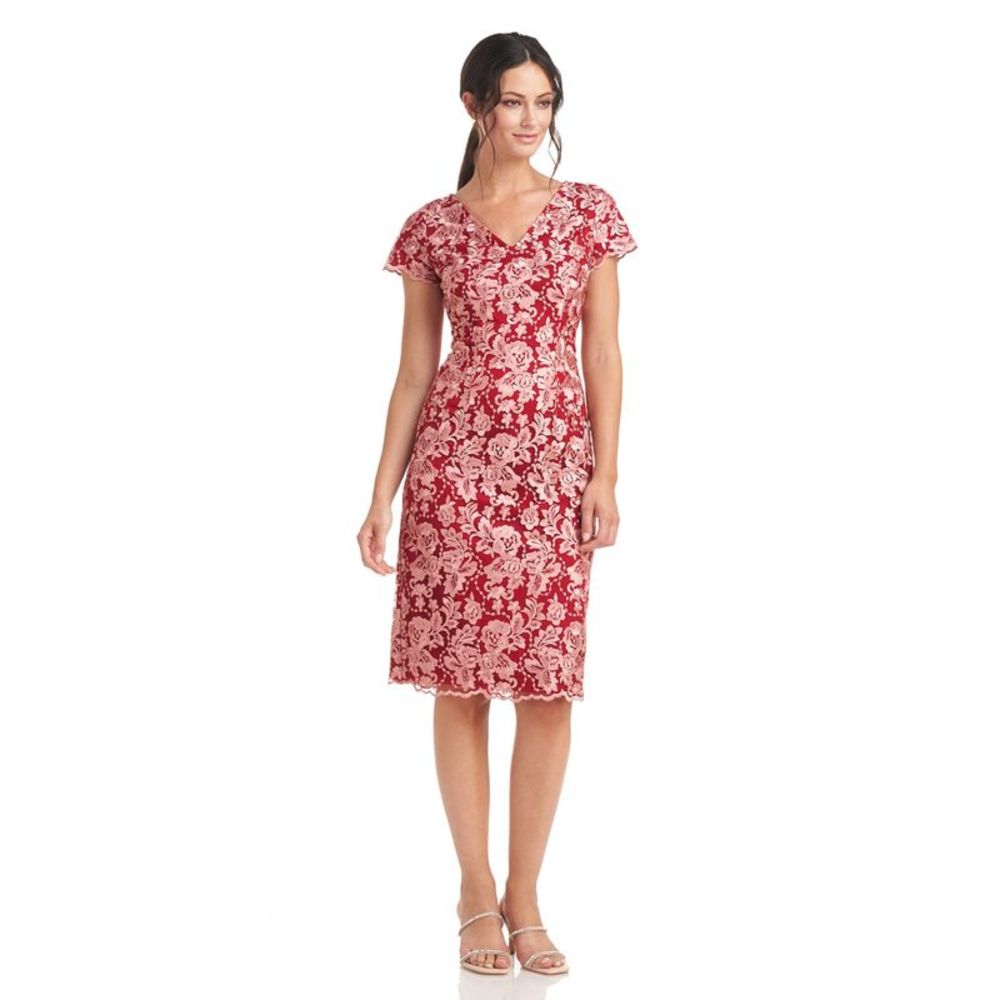 JS COLLECTION Womens Red Mesh Short Sleeve Below The Knee Sheath Dress 2